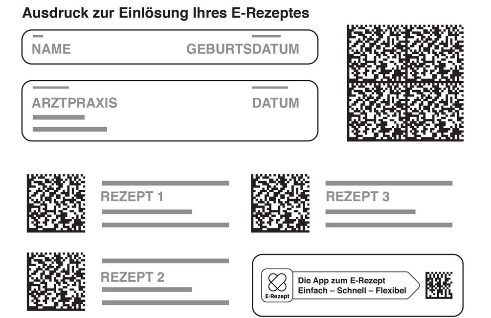 E-Rezept-Druck mit QR-Codes für Medikamentenentschreibungen.