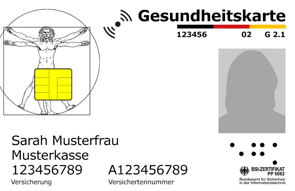 Gesundheitskarte mit persönlichen Daten und einem Bild des Vitruvianischen Menschen.