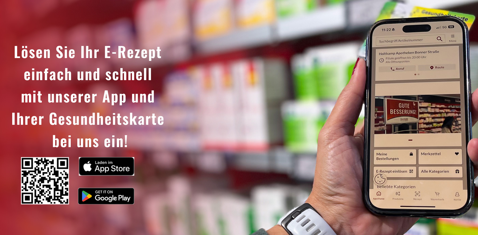 E-Rezept einlösen über die App in der Apotheke, inklusive QR-Code für den Download.