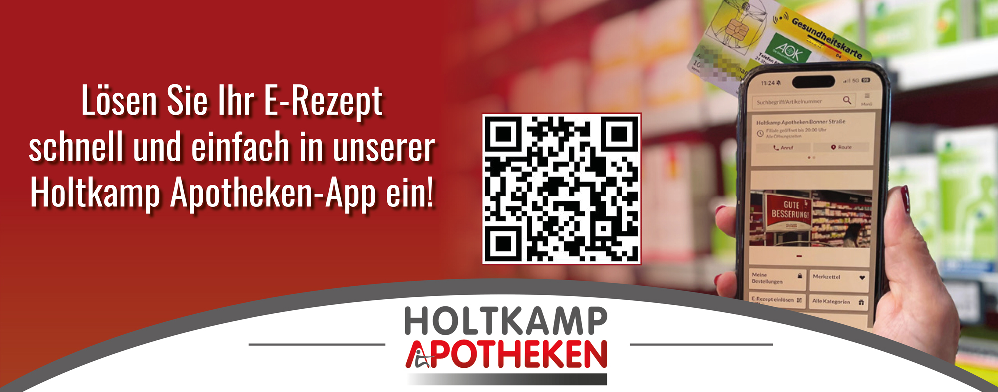 Smartphone und QR-Code zum einlösen eines E-Rezepts in der App Lösen Sie Ihr E-Rezept mit unserer App und Ihrer Gesundheitskarte ein. ein